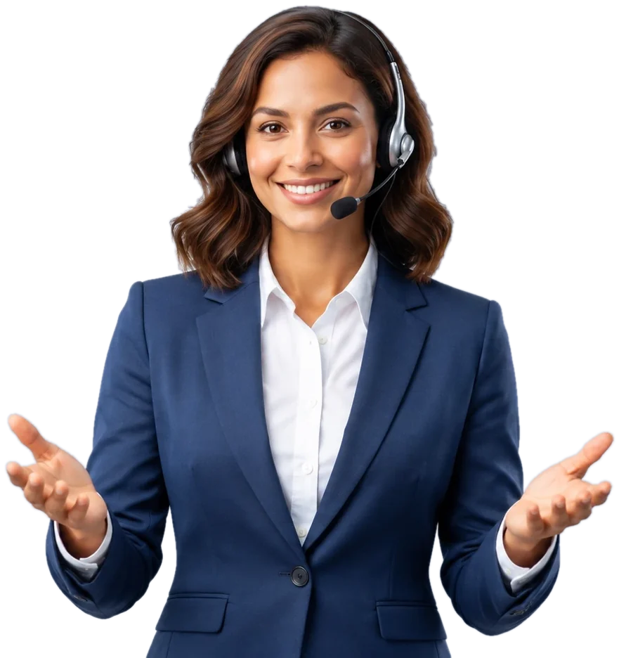 Customer support agent with a headset, welcoming you